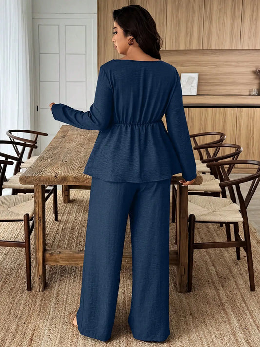 Plus Size 2-Piece Set with Square Neck, Floral Ruffle Top & Wide Leg Pants, Soft Breathable Fabric