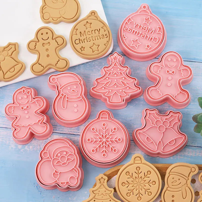 Christmas Cookie Cutters Press 8Pcs Santa Claus Biscuit Mold Plastic Cookie Stamp Confectionery Kitchen Baking Pastry Tools
