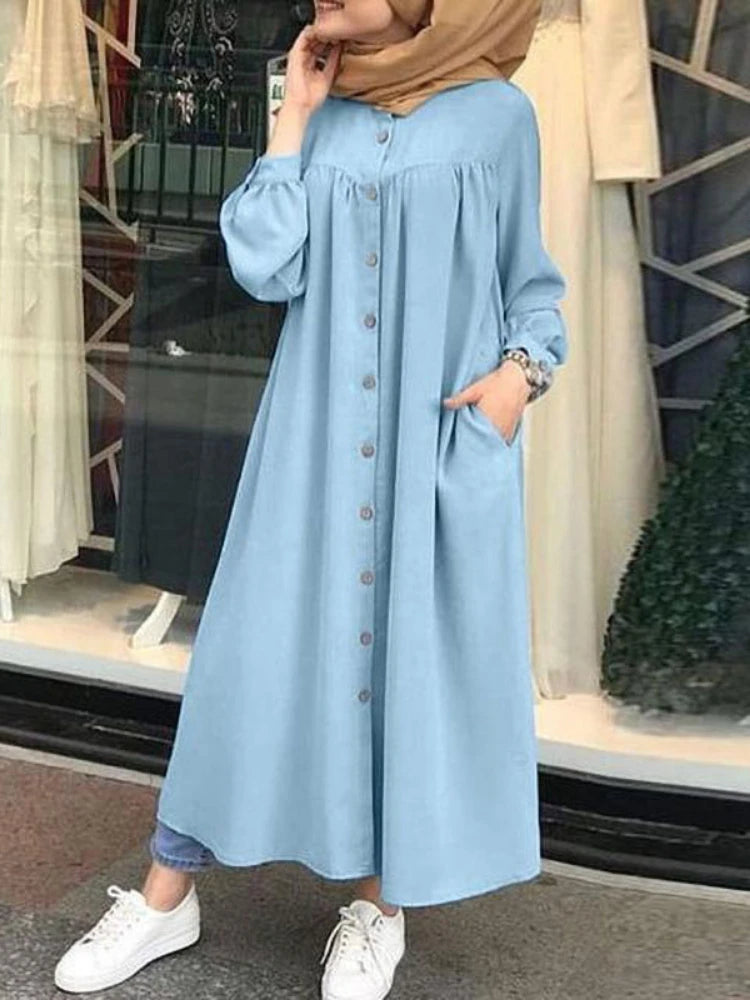 S-5XL Muslim Dress Women hijab Shirt  Long Sleeve Maxi Vestidos Female Button Robe femme musulman High Wasit Solid Sundress