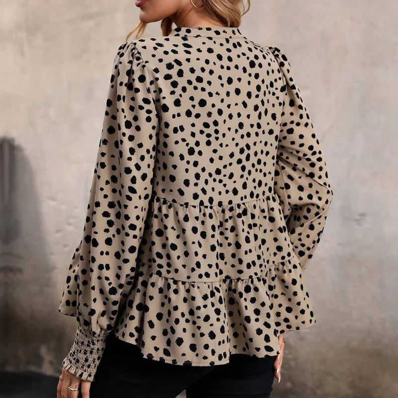 Plus Size Women's Shirt, V-Neck Long Sleeves, Geometric Polka Dot Print, Layered Design Top, Suitable for Work and Casual Wear