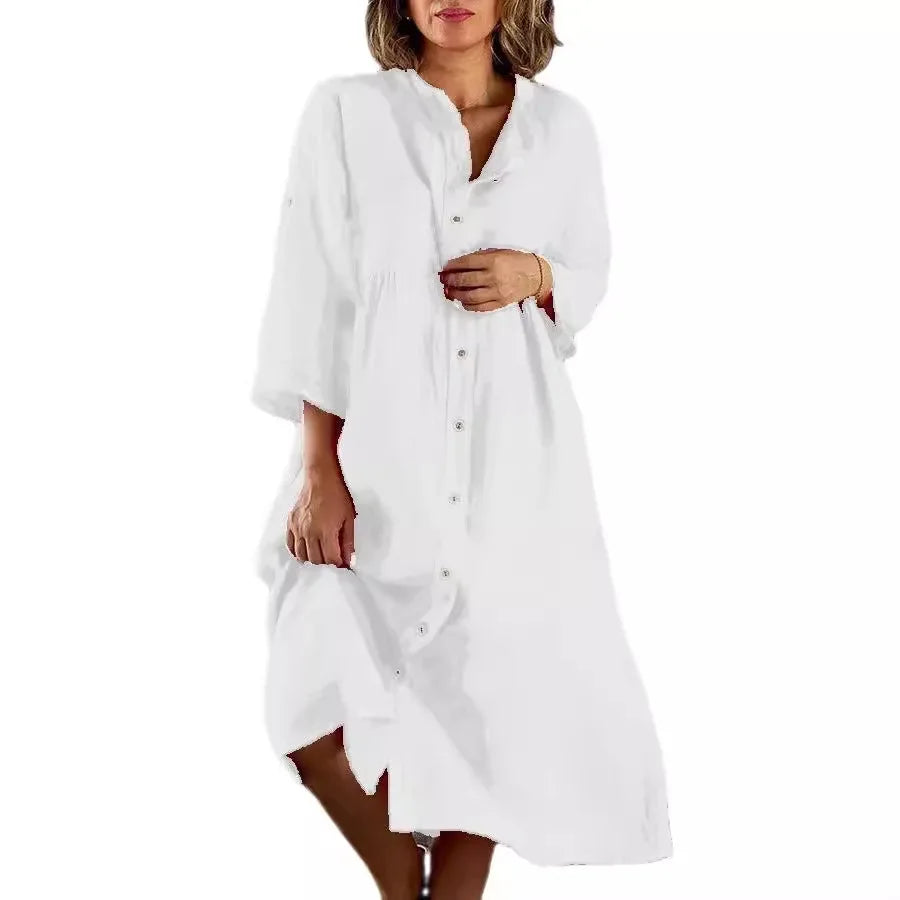 Casual Cotton Linen Long One-piece Pure Color Button-down Women's Dress Cross-border New Style Ankle-length Regular Sleeve