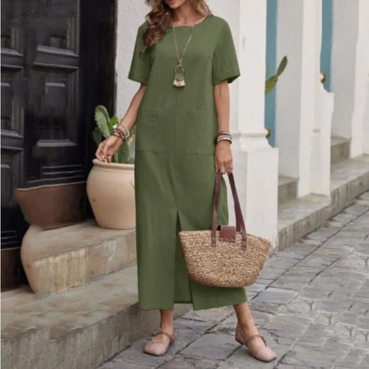 Summer Women Cotton Linen Dress Solid Color Loose Round Neck Short-sleeve Casual Robe Muslim Islamic Vintage Abaya Plus Size 5XL
