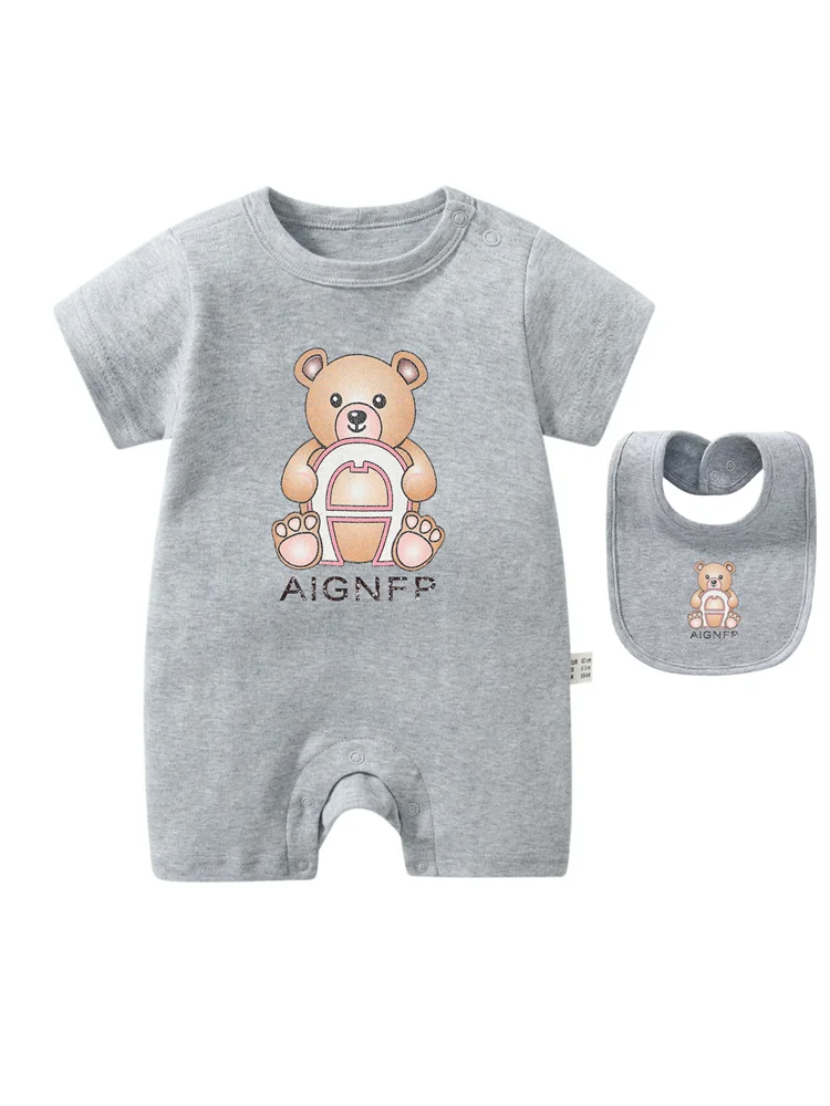 Cute Bear Romper Newborns Clothes 2025 Summer Hot Sale New Toddler Boys Jumpsuit %100 Cotton Soft Bib scarf 2Pcs Set Baby Romper