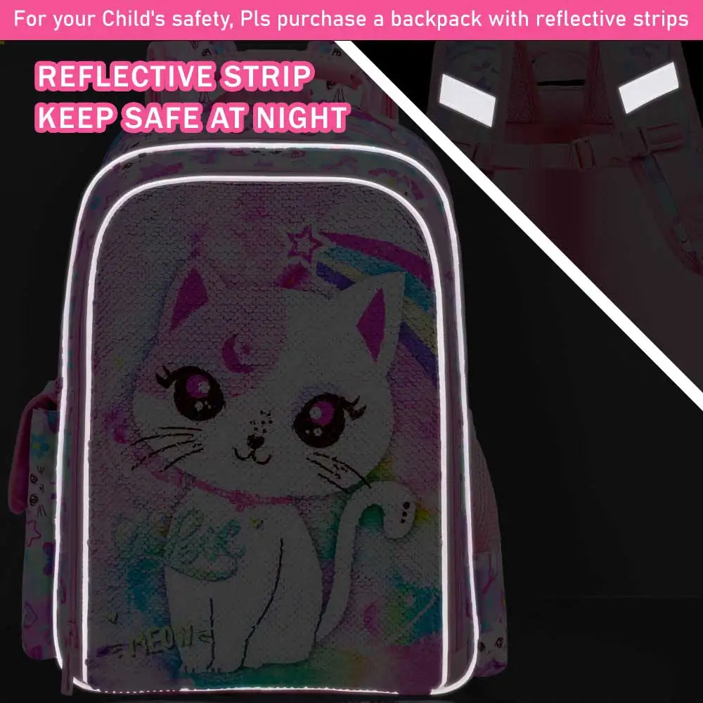 3PCS Girls Backpack, 16”Kids Cat Sequin Bookbag with Lunch Box, Water Resistant School Bag for Elementary Preschool Toddler