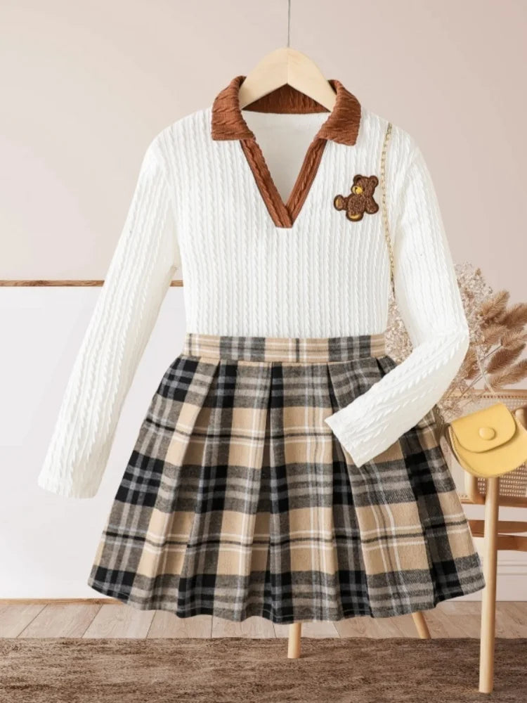 Girls Fashion Plaid Skirt Two-piece Set - Comfortable and Soft Sweater with Classic Plaid Skirt, Cute Bear Decoration