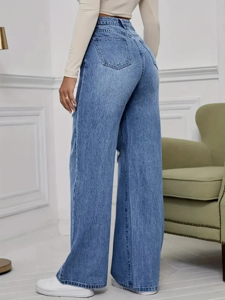 Women's Jeans Denim Pants Wide Leg Vintage Distressed Ripped Trousers 2025 Streetwear Washed Pockets Floor Length Hole Jeans