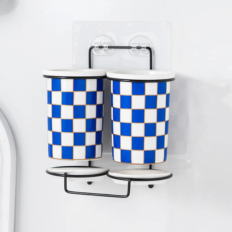 Checkerboard Ceramic Chopsticks Holder Drain Rack Chopsticks Basket Chopsticks Box Cutlery Box Storage Rack Wall-mounted Shelf