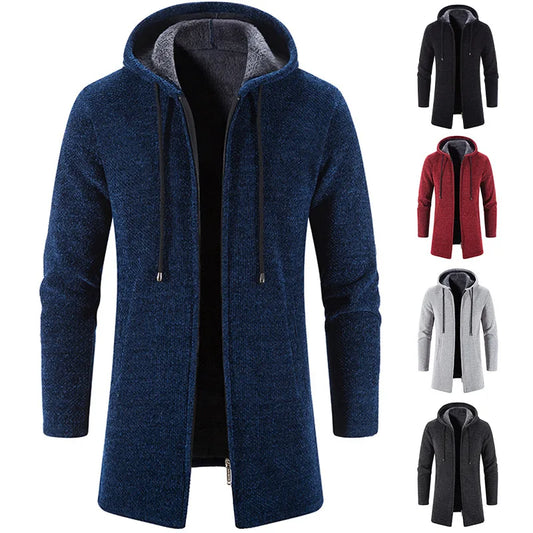 Men's Winter Hooded Cardigan Trench Coat Streetwear Solid Color Windbreaker Leisure Fashion Fleece-lined Jacket Vintage Hoodie
