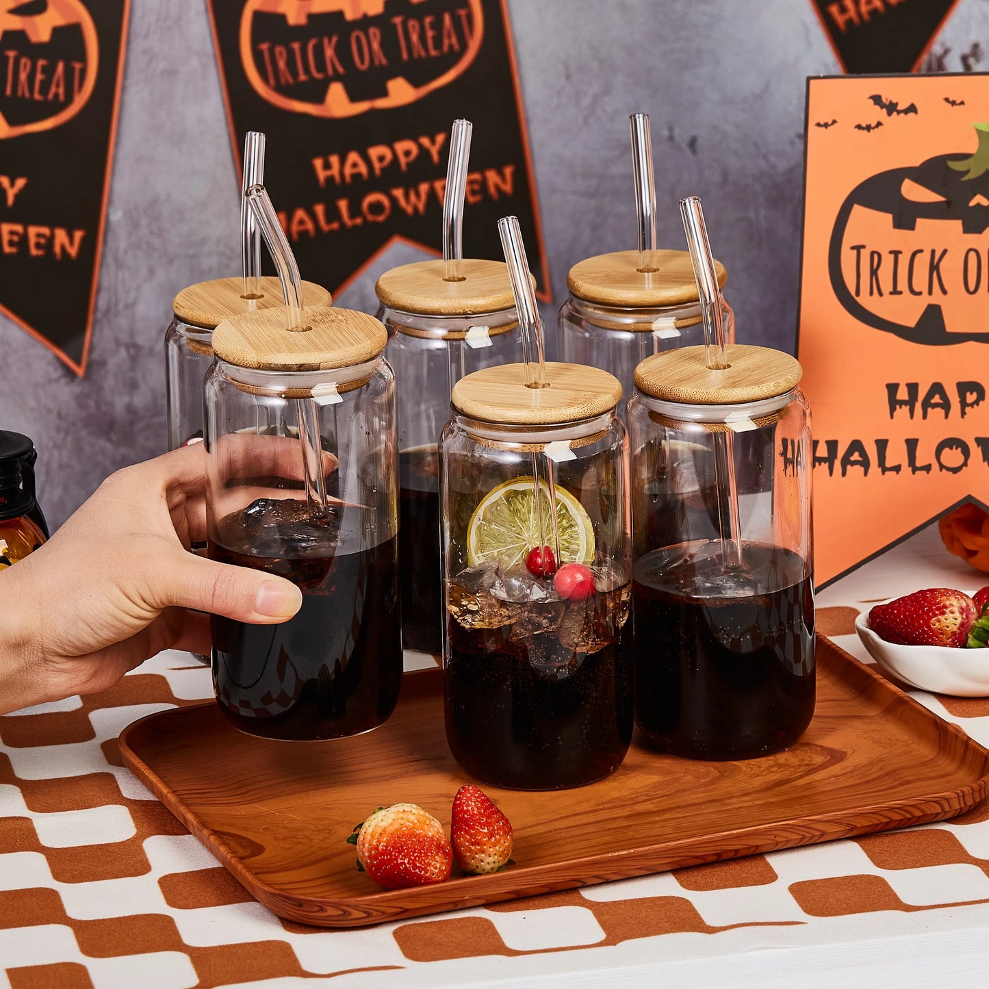 6pcs 18.6oz/550ml Drinking Glasses with Bamboo Lids and Glass Straw - Glass Cups Beer Ice Coffee Glasses Cute Aesthetic Cup Grea