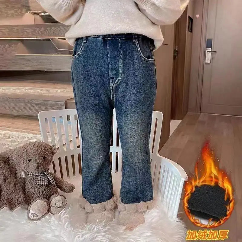 Girl's Pants Fleece Jeans New Autumn Winter Clothes for Baby Girls Casual Stylish Fleece Outer Wear Flared Trousers Loungewear