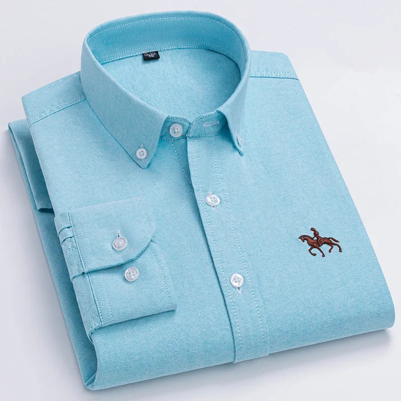 Basic Oxford Dress Shirt For Men Long Sleeve 100% Pure Cotton Solid  Casual Plaid Striped Social Business Male Regular-Fit S-6XL