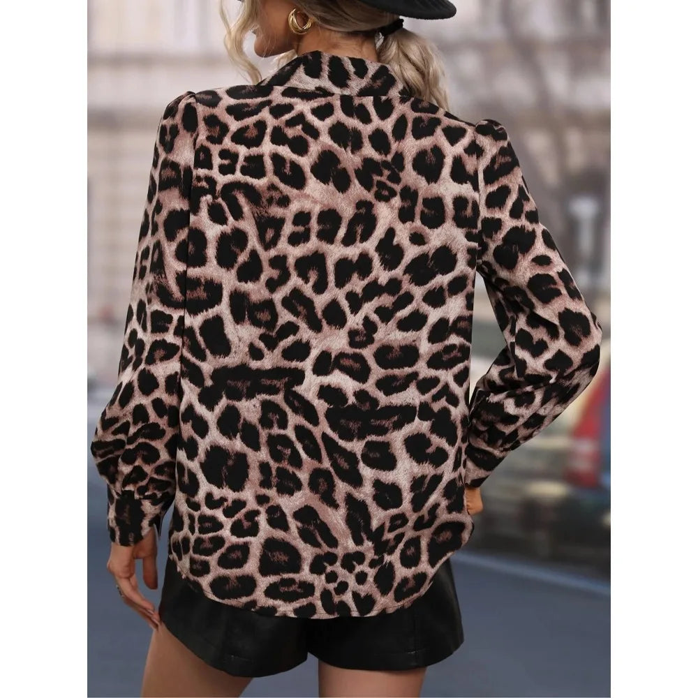 Plus Size 1XL-5XL Women Elegant Women's Casual Button Shirt with Trendy Leopard Print Perfect for Autumn Style Fitted Shirt