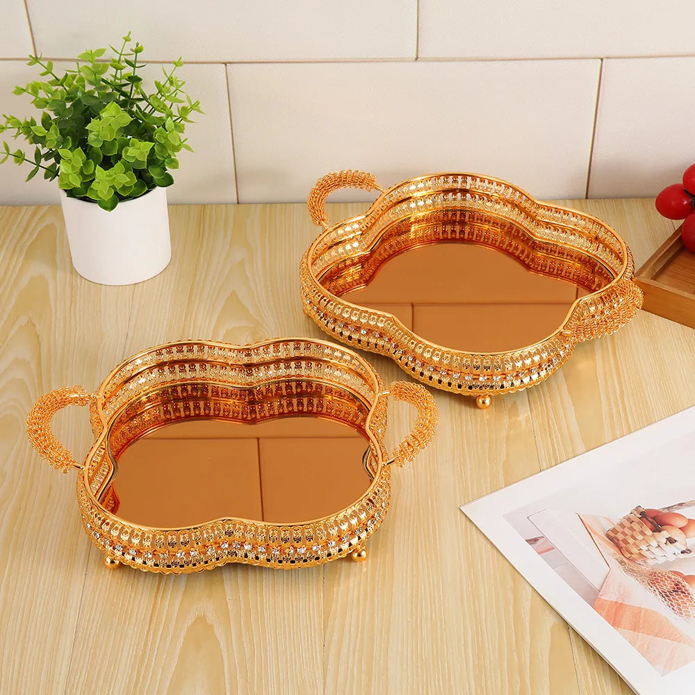 2Pcs European high-end tray gold hollow hotel household fruit plate wrought iron size set snack storage basket