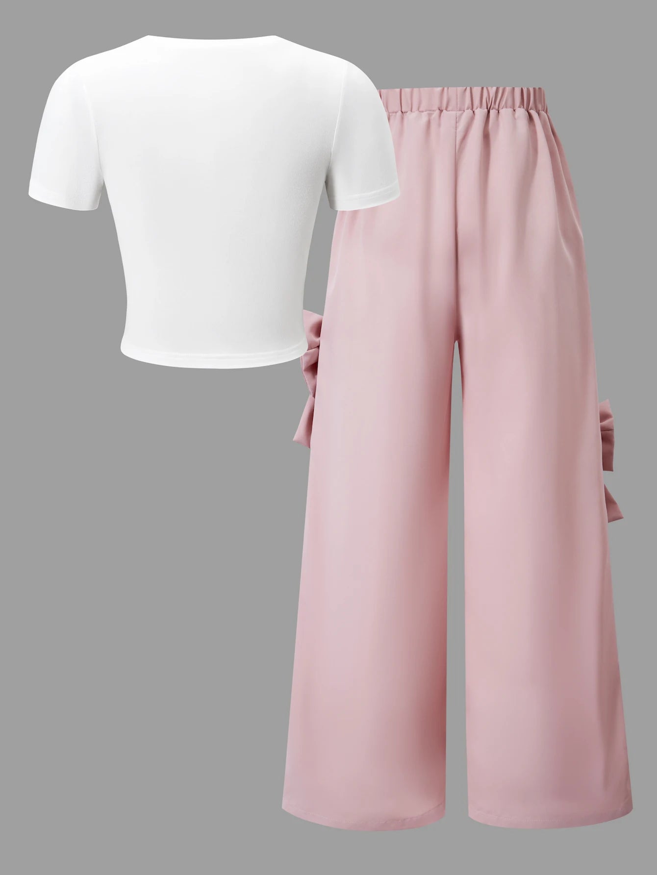 Fashionable girl's two-piece casual outfit; girls' short-sleeved top with bow tie and wide-leg trousers; straight trousers