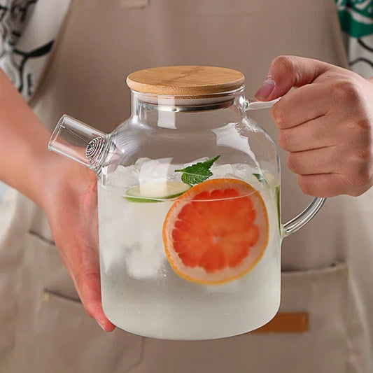 Glass Teapot with Bamboo Lid Transparent Heat-Resistant Thicken Glass Pitcher Cold Water Jug Household Puer Kettle Tea Pot