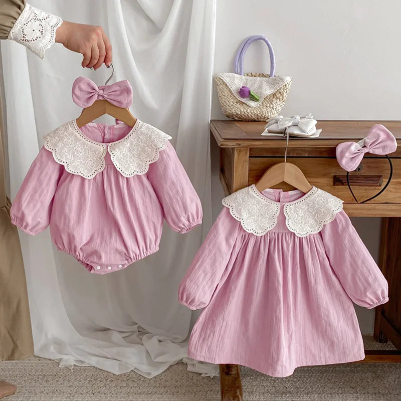 2025 New Autumn 1-5Yrs Girl Party Dress Baby Girl Romper Long Sleeved Cotton Splicing Kids Princess Dresses Sister Clothes