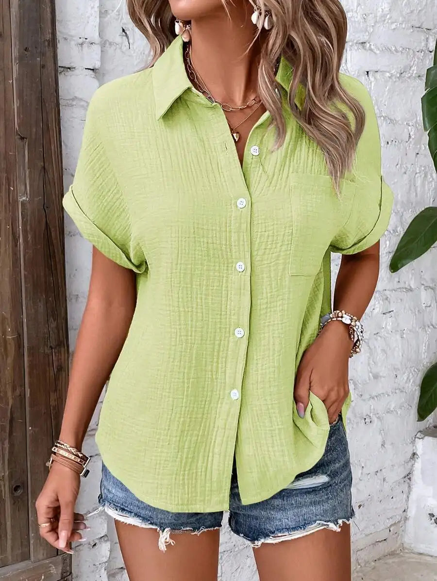 Women Casual Cotton Blouse Vintage Summer Short Sleeve Slim Shirt Elegant Turn Down Collar Solid Tunics Harajuku Streetwear Tops