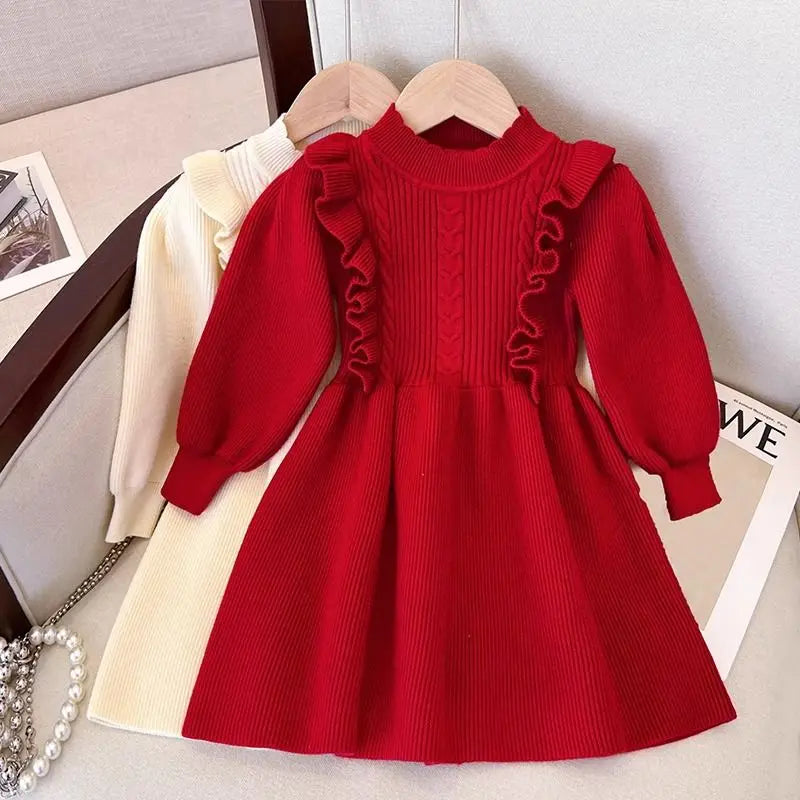 Stylish Thickened Knit Princess Dress for Baby Girls 2025 Spring Autumn New Style Red
