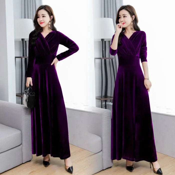 Elegant Long Sleeve Velvet Dress Women's Autumn Fashion Slim Fit Floor Length round Neck Low Waist Line New Arrival 2025