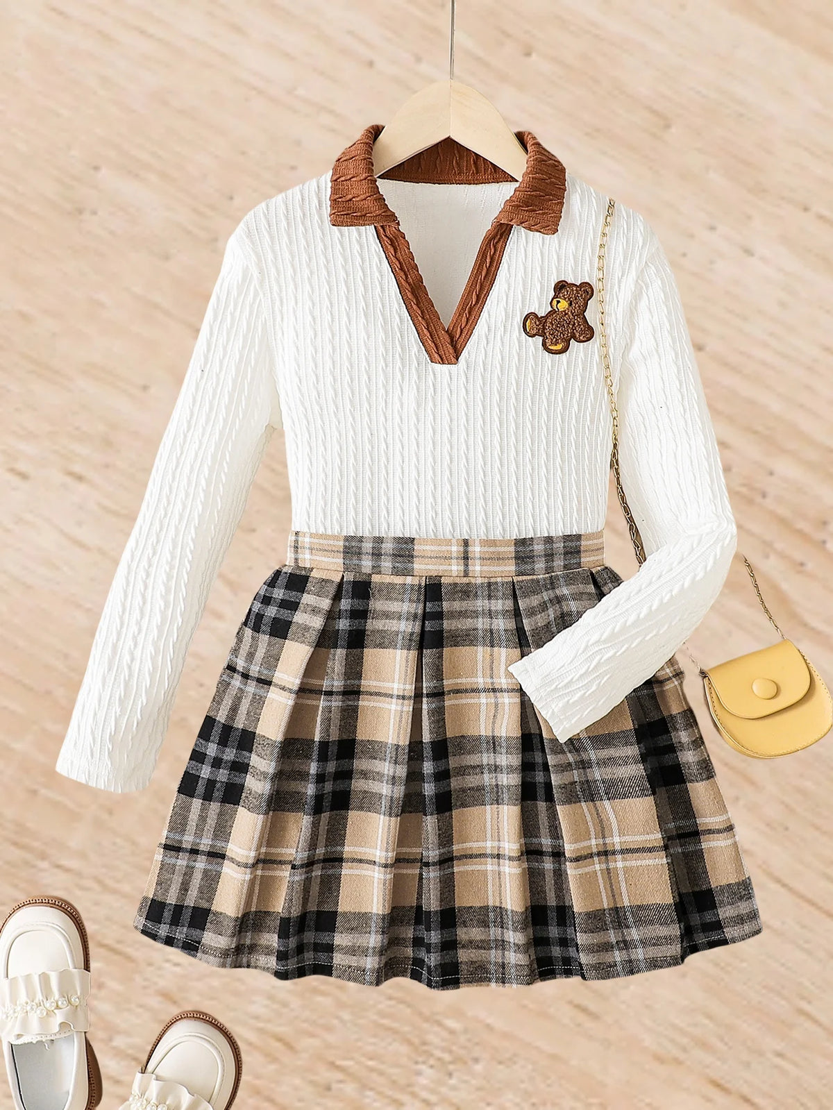 Girls Fashion Plaid Skirt Two-piece Set - Comfortable and Soft Sweater with Classic Plaid Skirt, Cute Bear Decoration