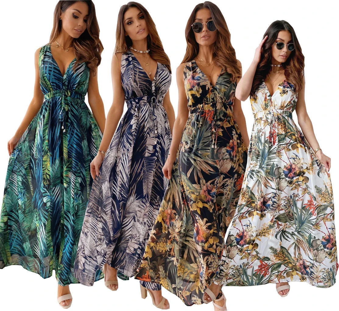 Women Tie-Up Backless Party Beach Dress Sexy V Neck Boho Long Dresses Summer Elegant Print Sleeveless Lady Maxi Dress Vestidos