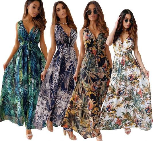 Women Tie-Up Backless Party Beach Dress Sexy V Neck Boho Long Dresses Summer Elegant Print Sleeveless Lady Maxi Dress Vestidos