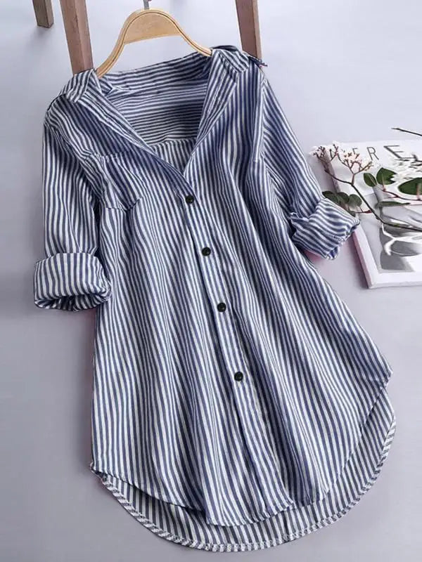 Plus Size Women's Fashion Striped Lapel Single Breasted Blouse Shirt Autumn Spring Ladies Casual Loose Long Sleeve Button Shirt