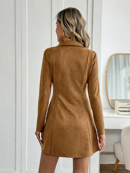2025 New Arrival Women's Camel Suede Collared V-Neck Long Sleeve Slim A-Line Mini Dress Autumn Winter Daily Date Office