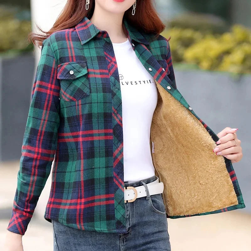 Thickened Fleece Women's Long Sleeve Shirt Autumn Winter New Style Warm Plaid Loose Fit  Style Cotton Button up Top