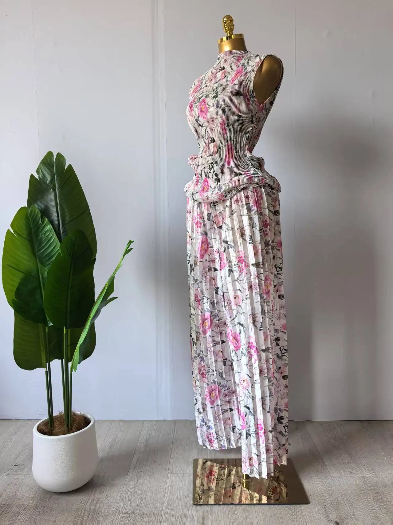Women Set Floral Print Short Sleeve Pleated T-Shirt + Wide Leg Pants 2025 Street Sexy Two 2Piece Sets Outfits Tracksuit