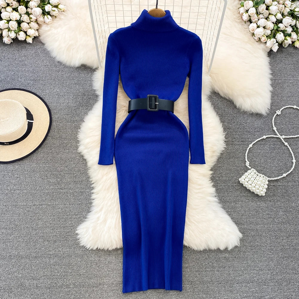 REALEFT Autumn Winter 2025 New Turtleneck Women's Knitted Dresses with Belted Long Sleeve Elegant Bodycon Wrap Dress Female