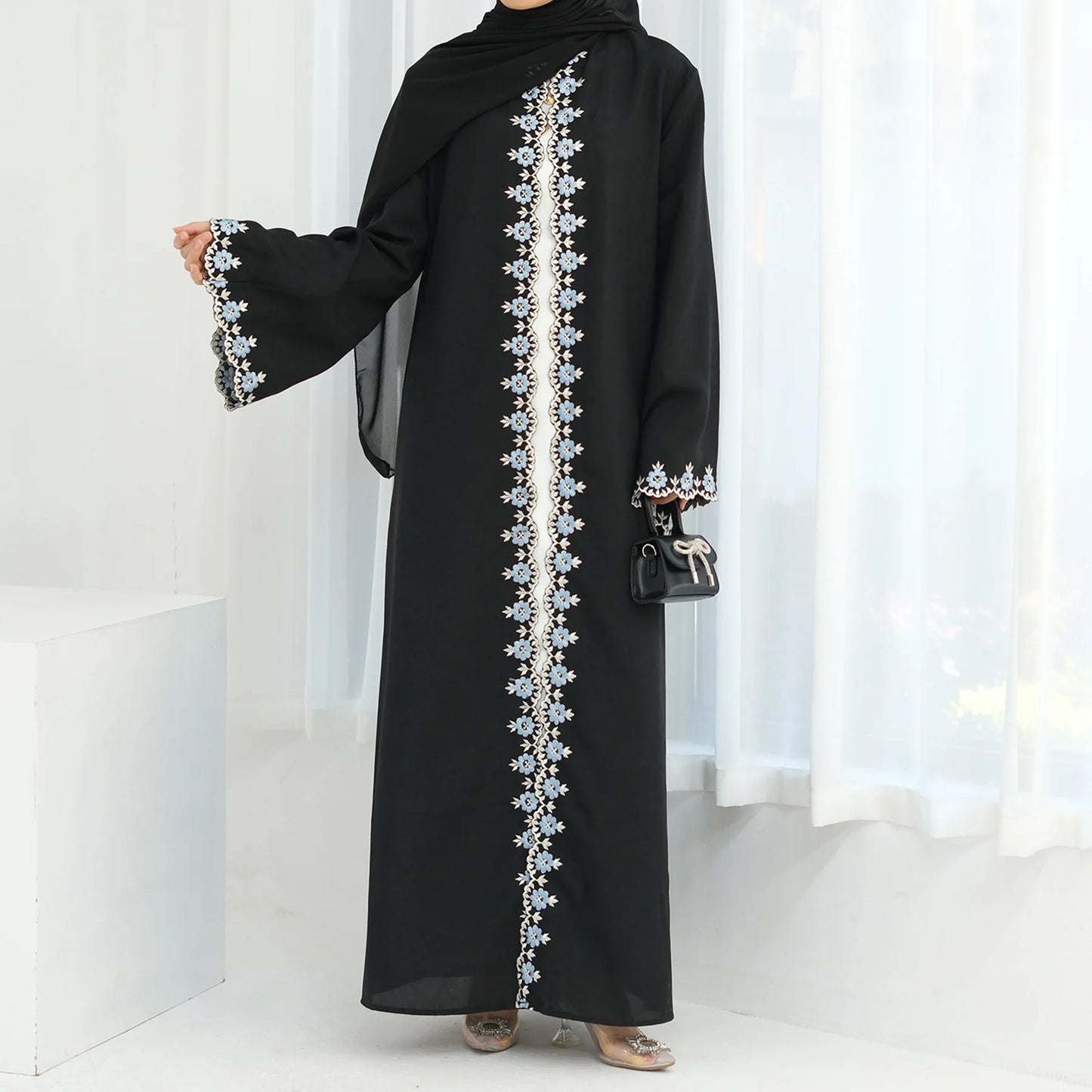 Eid Ramadan Flower Embroidery Abayas for Women Muslim Dress Dubai Open Abaya Turkey Kaftan Kebaya Caftan Marocain Femme Robe New