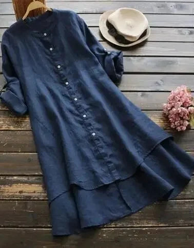 Fast Selling Spring SummerNew Women's Solid Color Button Cotton Linen Long Sleeve Long Length Shirt