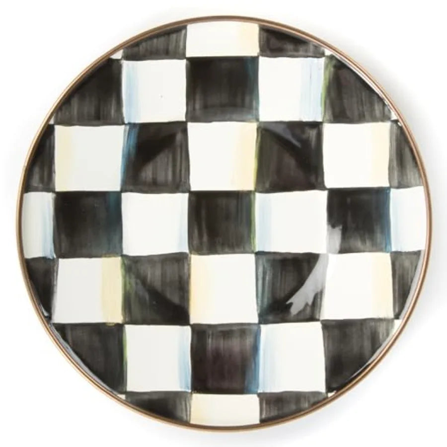 Enamel Saucer Small Enamel Plate for Teacups Black-and-White Courtly Check