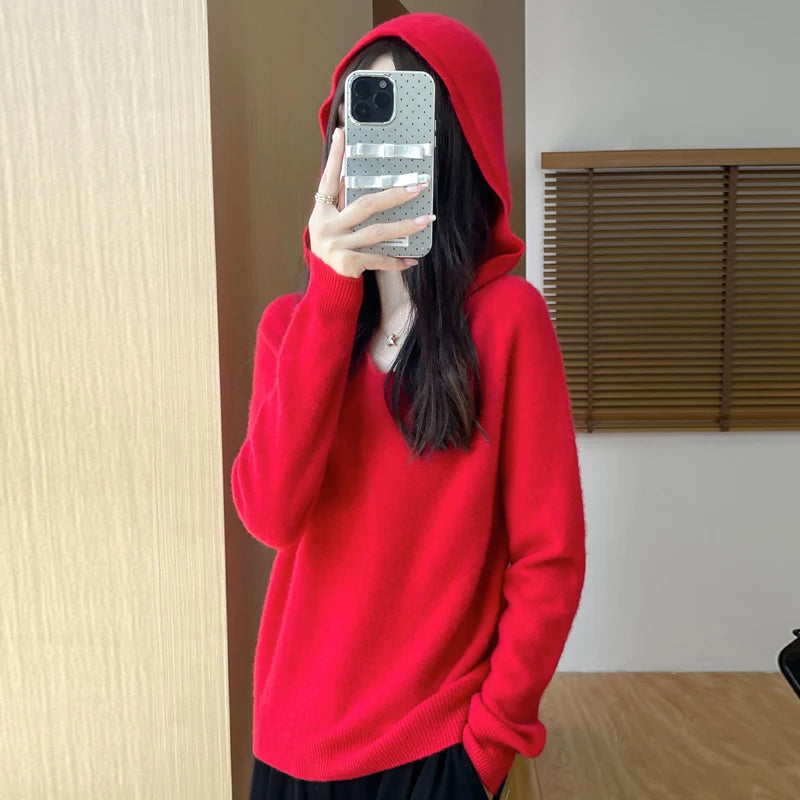 Women Autumn Winter Clothing Hooded Collar Pullover 100% Merino Wool Sweater New Fashion Cashmere Tops Bottoming Knitwear Soft