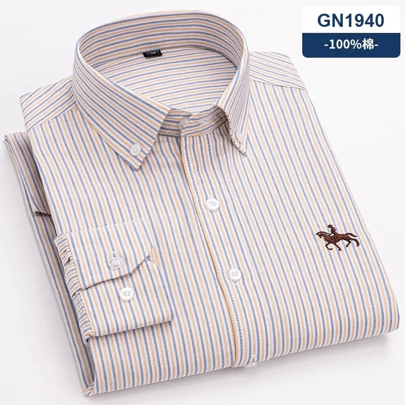 100% Pure Cotton Men Long Sleeve Dress Shirt for Oxford Shirt Men Plaid Striped Work Casual Social Shirts Male Regular-Fit S-6XL