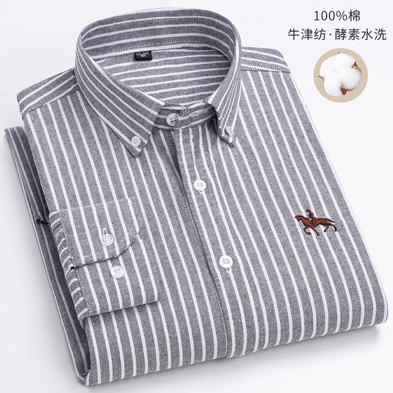 S~6XL Cotton Oxford Shirt For Mens Long Sleeve Plaid Striped Casual Shirts Male Pocket Regular-Fit Button-Down Work Man Shirt