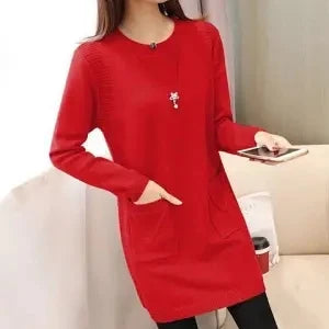 Solid Long Sweater Women Clothing 2025 New Korean Pocket Knit Sweater Dress Casual Warm Loose O neck Long sleeve Ladies Pullover