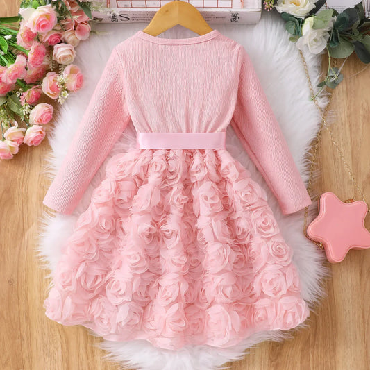 Kids Girls Dress Long Sleeve Spring Autumn Pink Gauze Rose Belt Children Dress Elegant Comfort Sweet Cute Girls Clothing 2-7Y