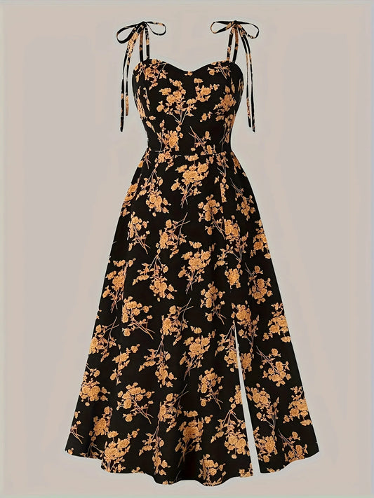 European and American fashion plus size women's new flower print A-line skirt bow tie slit dress