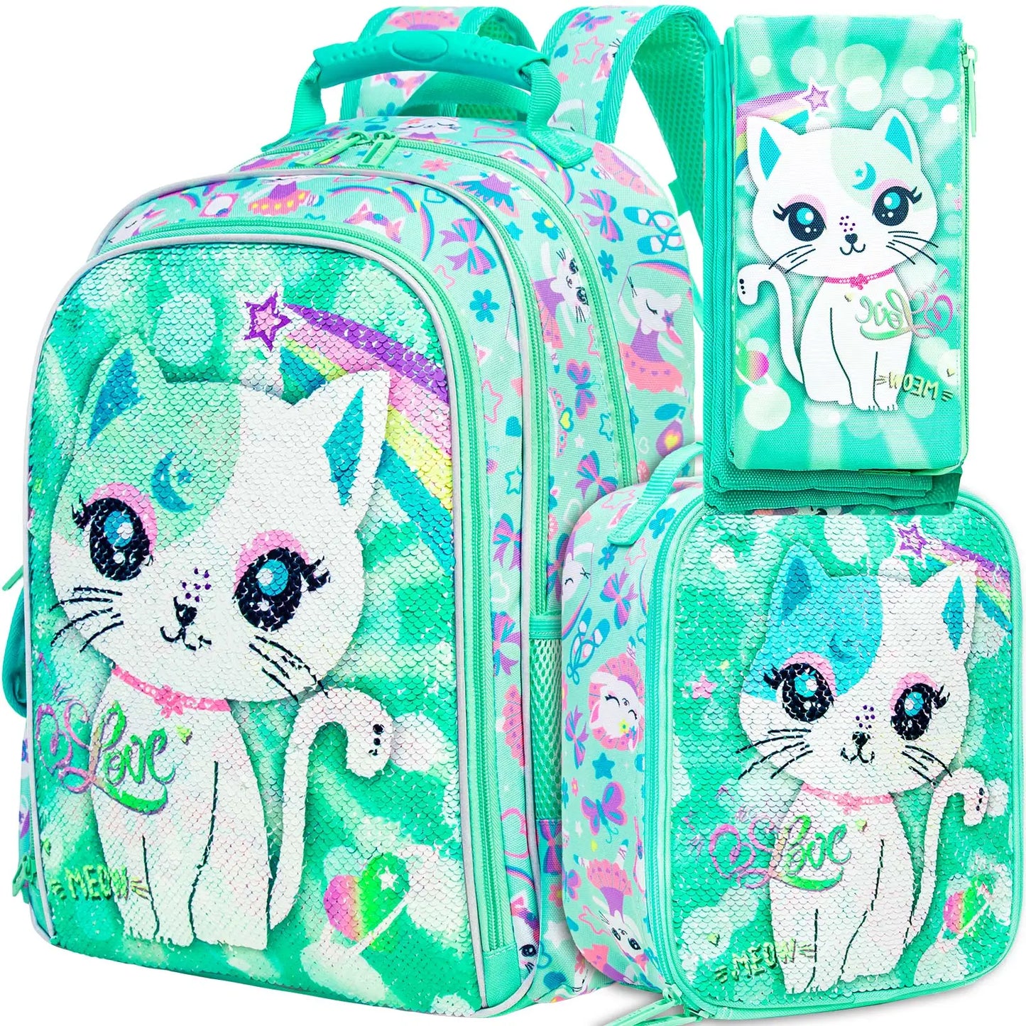 3PCS Girls Backpack, 16”Kids Cat Sequin Bookbag with Lunch Box, Water Resistant School Bag for Elementary Preschool Toddler