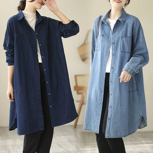 Spring Autumn Loose Large Size Faionable Cotton Denim irt Women's Mid-Length Sve Long Outerwear Trendy Button ket