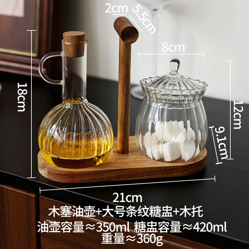 Glass Oil Pan Kitchen Household Wooden Lidseasoning Bottle Storage Rack High-temperatureresistant Storagetanksoysauce Bottle Set