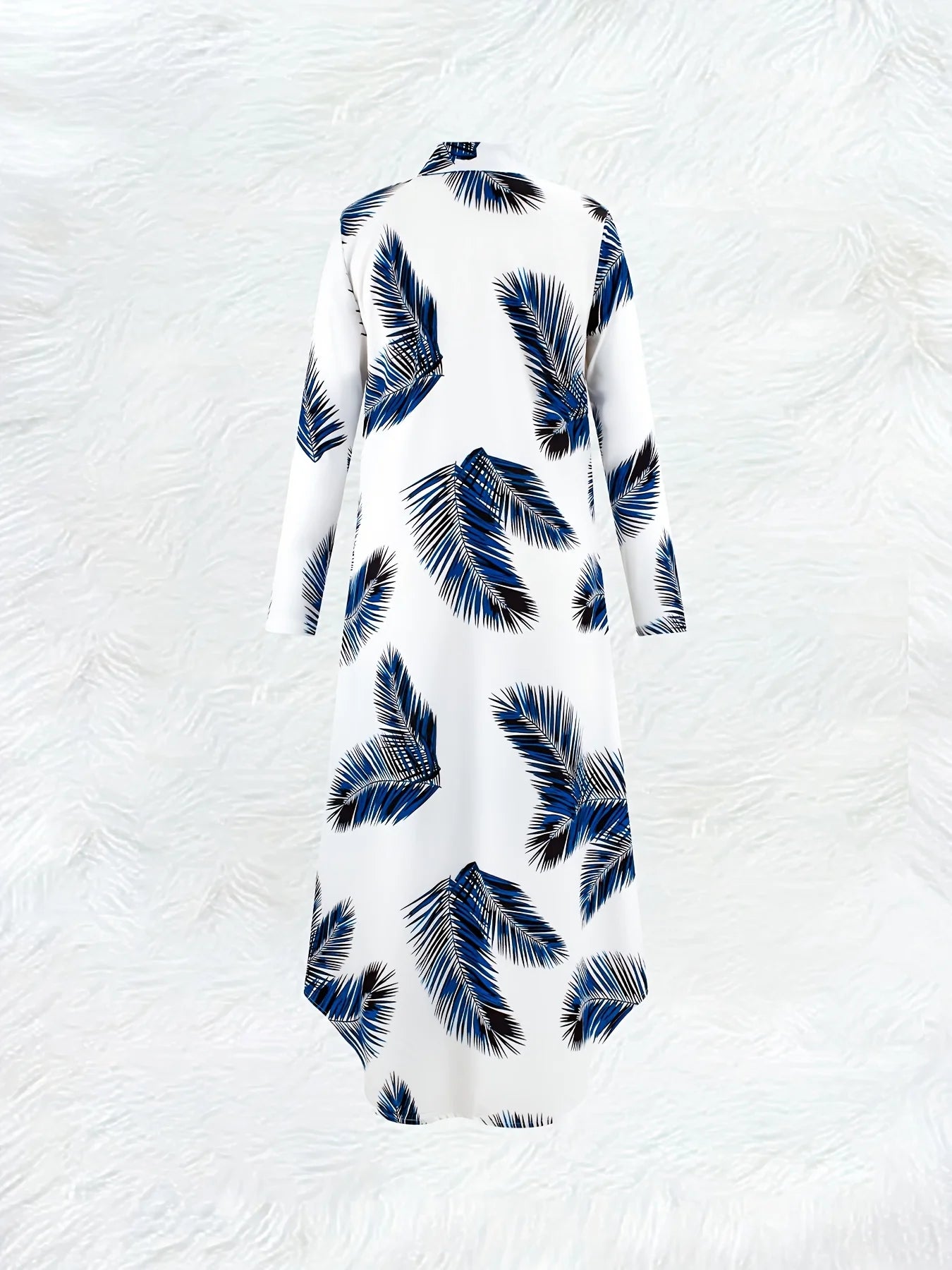 Printed Design Casual Blue and White Contrasting Leaf Long Sleeve Dress