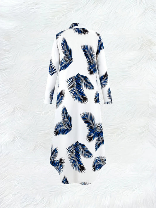 Printed Design Casual Blue and White Contrasting Leaf Long Sleeve Dress