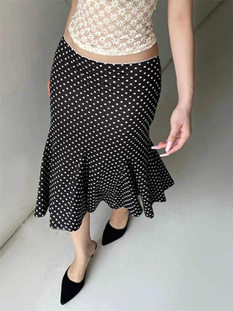 Women's Midi Skirts Dot Print Low Waist Skirts Spring Summer Casual Skirts 2025 Fashion Casual Elegant Clothes
