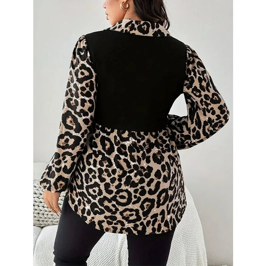 Plus Size 1XL-5XL New Women's Fashion Leopard Print Long Sleeved Shirt Women Casual Button-Up Shirt