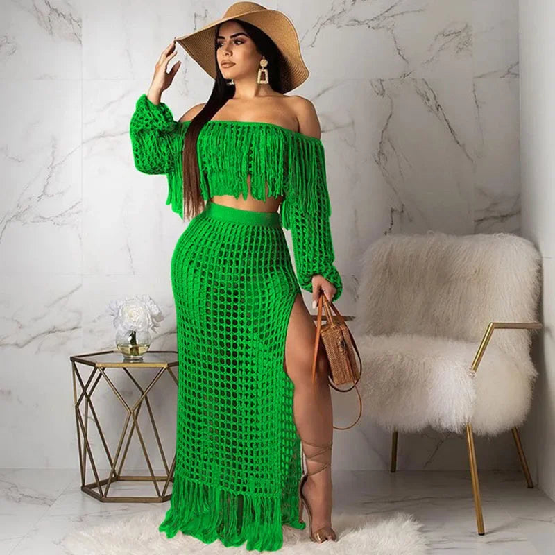 Fringed Tassel 2 Piece Sets Women Outfit Beach Wear Vacation Knitted Crochet Hollow Out See Through Crop Top and Long Skirt Sets