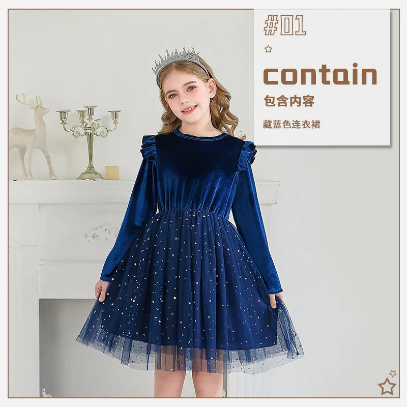 2025 Ruffle Style Long-sleeved Stars Mesh Spliced Dress Princess Christmas Party Performance Clothes Children's Winter Clothing