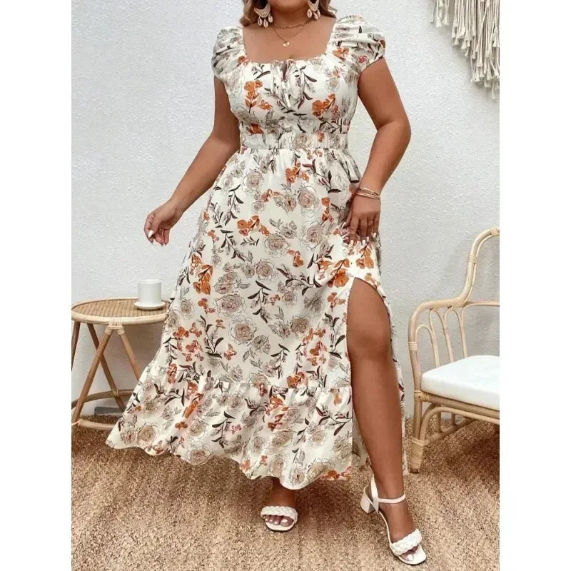 Plus Size 1-5XL Fashion Women's Suitable for Outdoor Flower Casual Long Party Dress Women Fashion Print Loose Summer Dress